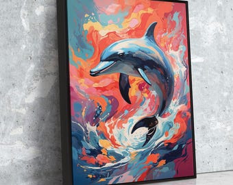Lienzo vibrante de delfines: sinfonía submarina abstracta / Arte mural inspirado en el océano para hogares modernos