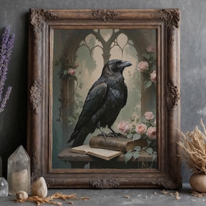 Dark Academia Raven Wandkunst - Kunstdruck, Stimmungsvolle Gothic Vintage Dekoration, Krähe Kunstwerk, Makaber Cottagecore Ästhetik, Goth Geschenk