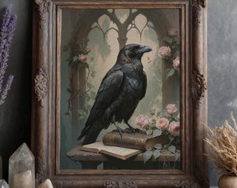 Lámina artística de Raven de Dark Academia: decoración gótica estilo cottagecore con un toque melancólico