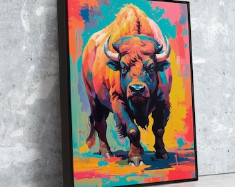 Lienzo con vívidos dibujos de bisontes americanos / Pintura colorida de vida salvaje con colores abstractos y fluidos
