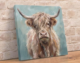 Highland Cow Canvas Wall Art, Rustic Farmhouse Country Animal Painting for Cottage Decor