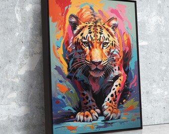 Lienzo de leopardo vibrante: arte de pared abstracto de vida salvaje / pintura colorida de grandes felinos para decoración del hogar