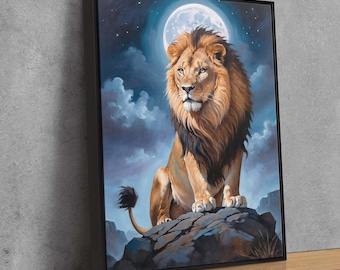 Majestic Lion Canvas Wall Art - Moonlit Lion Painting for Rustic and Safari Decor