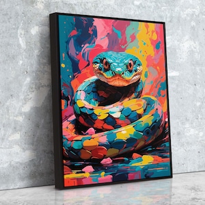 Vivid Cobra Snake Canvas Wall Art | Colorful Wildlife Painting with Abstract Flowing Colors