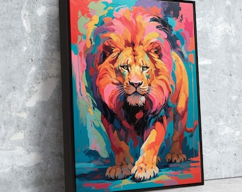 Lienzo de león merodeando vívido / Pintura colorida de vida silvestre con colores abstractos y fluidos