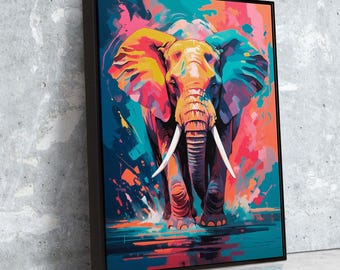 Lienzo de elefantes vívidos / Pintura colorida de vida silvestre con colores abstractos y fluidos