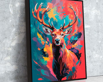 Lienzo de ciervo rojo vívido / Pintura colorida de vida silvestre con colores abstractos fluidos
