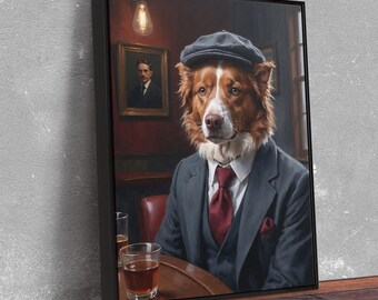 Dapper Border Collie Canvas Art: Vintage Pub Style Dog Portrait