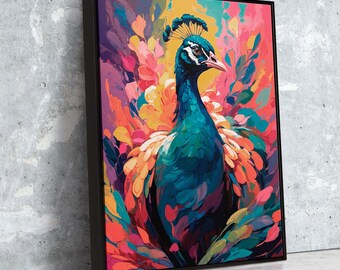 Arte en lienzo de pavo real vívido / Pintura colorida de vida silvestre con colores abstractos fluidos