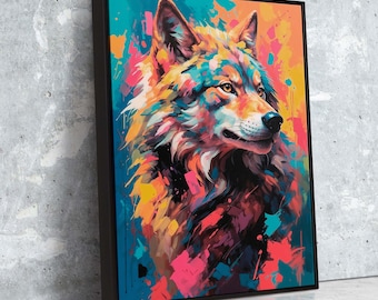 Vivid Wolf Canvas Art | Colorful Wildlife Painting with Abstract Flowing Colors