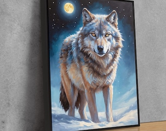 Moonlit Wolf Canvas Art: Winter Animal Painting