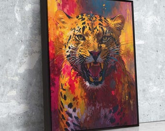 Arte en lienzo de leopardo rugiente: pintura audaz de vida silvestre