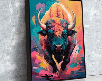 Arte en lienzo de búfalo vívido: pintura abstracta de vida silvestre, decoración bohemia del oeste