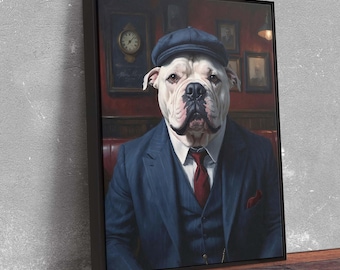 Dapper White XL Bully Wall Art – Vintage Dog Portrait Canvas in Edwardian Fashion