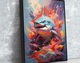 Arte en lienzo de tiburón blanco: pintura abstracta del océano, decoración costera