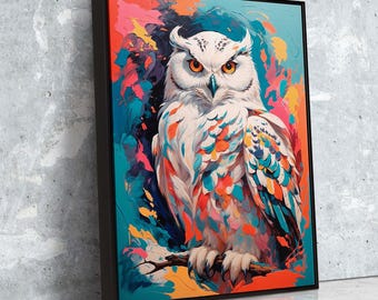 Lienzo de búho nival vívido para pared / Pintura colorida de vida silvestre con colores abstractos y fluidos