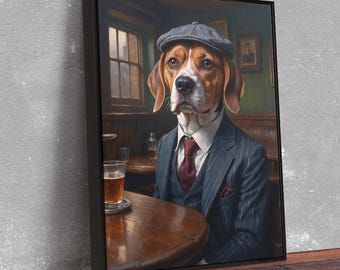 Beagle Gentleman Canvas Art: Vintage Dog Portrait, British Pub Style