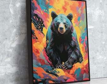 Lienzo de oso negro vívido / Pintura colorida de vida silvestre con colores abstractos y fluidos