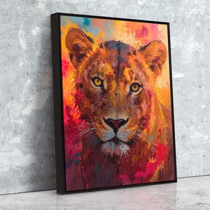Impression sur toile lionne : décoration safari animalier, art mural moderne
