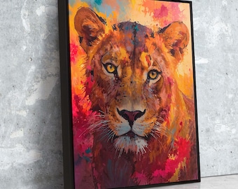 Impresión en lienzo de una leona: decoración de safari de vida silvestre, arte mural moderno