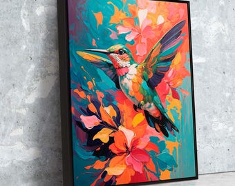 Arte en lienzo de colibríes vívidos / Pintura colorida de vida silvestre con colores abstractos fluidos