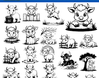 223 Cute Highland Cow SVG Bundle Baby Calf Clipart Farmhouse Animals Silhouette Laser Cut Files instant digital downloads