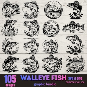 Op de afbeelding: Een digitaal grafisch pakket met 105 zwart-witillustraties van snoekbaarzen in diverse dynamische houdingen, zoals springend, zwemmend en met visgerei, met de tekst 105 WALLEYE FISH svg & png commercial use.