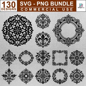 May include: A digital collection of 130 black ornamental designs in SVG and PNG formats, featuring intricate circular mandalas, square frames, and fleur-de-lis motifs. The text 130 DESIGNS SVG - PNG BUNDLE COMMERCIAL USE is displayed at the top.