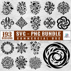May include: A digital collection of 193 black graphic designs featuring floral, swirling, and geometric patterns on a white textured background. The text 193 DESIGNS SVG - PNG BUNDLE COMMERCIAL USE is displayed in a brown banner across the centre.