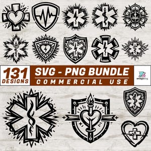 Könnte beinhalten: Eine digitale Sammlung von 131 schwarz-weißen Grafikdesigns mit medizinischen Symbolen, Schildern, Herzen und Lebenssternen. Der Text 131 DESIGNS SVG - PNG BUNDLE COMMERCIAL USE ist auf einem braunen Banner in der Bildmitte zu sehen.