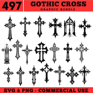 May include: A collection of black Gothic cross designs in various styles. The image includes the text "497 GOTHIC CROSS GRAPHIC BUNDLE" and "SVG & PNG - COMMERCIAL USE". The crosses are detailed and suitable for graphic design projects.