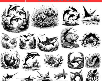 180 Ocean Life SVG Bundle Sea Animal Clipart Shark Dolphin Under the Water Laser Cut Files instant digital downloads