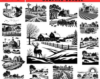 145 Farm Scene Landscape Graphic Bundle SVG & PNG - Commercial Use Instant Digital Download