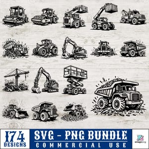 Puede incluir: Una colección de ilustraciones en blanco y negro que muestran varios vehículos de construcción, incluyendo camiones volquete, excavadoras, grúas y rodillos. El texto 174 DESIGNS SVG - PNG BUNDLE COMMERCIAL USE aparece en la parte inferior.