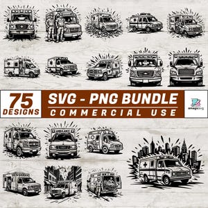Könnte beinhalten: Eine digitale Sammlung von 75 schwarz-weißen Krankenwagen-Illustrationen in den Formaten SVG und PNG. Die Grafiken zeigen verschiedene Rettungsfahrzeuge, teilweise mit medizinischem Personal, Stadtkulissen und Bewegungslinien.