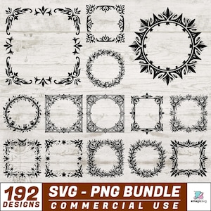 May include: A collection of 192 black digital frame designs featuring various decorative borders, including floral, leaf, and owl motifs in square and circular shapes. The text 192 DESIGNS SVG - PNG BUNDLE COMMERCIAL USE is displayed at the bottom.