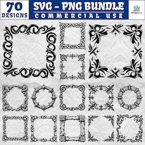 Könnte beinhalten: Ein digitales Paket mit 70 schwarz-weißen Grafikdesigns, die verschiedene quadratische und runde Rahmen mit komplexen Mustern zeigen, darunter Schnörkel, geflochtene Texturen, Drachenmotive und florale Elemente, gekennzeichnet als SVG- und PNG-Dateien.