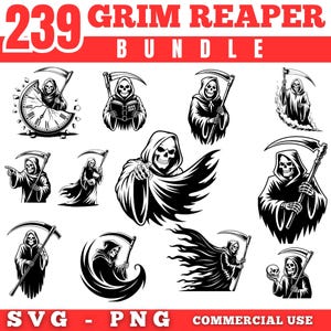 May include: A collection of black and white Grim Reaper illustrations. The images feature the Grim Reaper with a scythe, in various poses, including holding a book, pointing, and holding a skull. The text "239 GRIM REAPER BUNDLE" is at the top, with "SVG - PNG COMMERCIAL USE" at the bottom.
