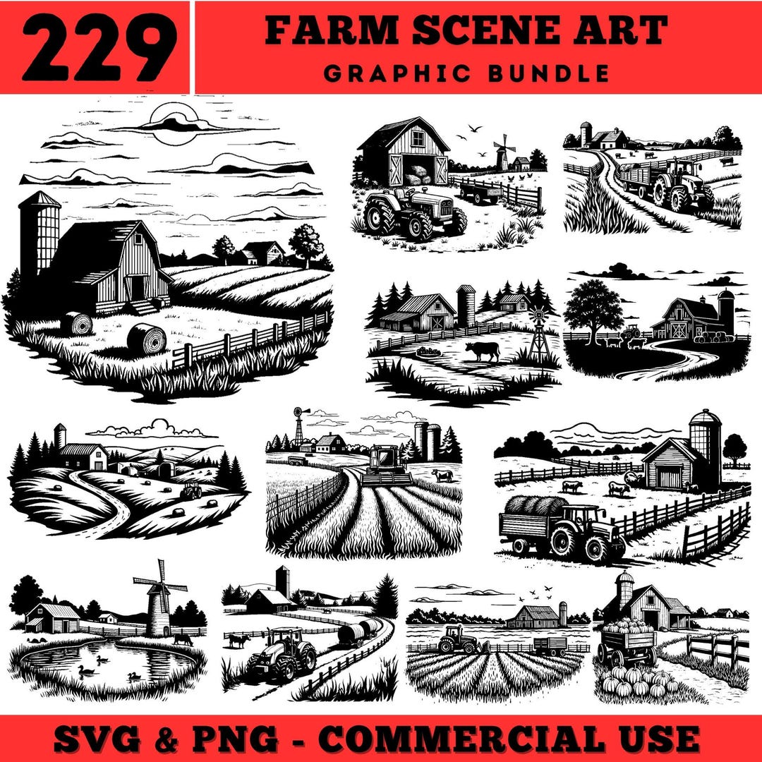 229 Farm Scene Art Graphic Bundle SVG PNG Rustic Farm Landscape Tractor ...