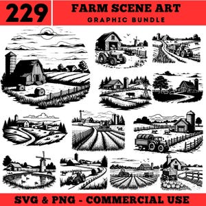 Op de afbeelding: Zwart-wit grafisch pakket met boerderijscènes. De afbeelding toont illustraties van schuren, tractoren, velden en windmolens. De tekst "229" staat linksboven en "SVG & PNG - COMMERCIAL USE" onderaan.