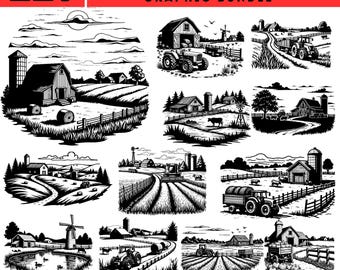 229 Farm Scene Art Graphic Bundle SVG PNG Rustic Farm Landscape Tractor Barn Country Scene Clipart Cricut Cut File instant digital downloads