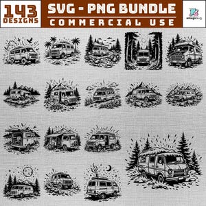 Könnte beinhalten: Eine digitale Sammlung von 143 schwarz-weißen Grafikdesigns mit verschiedenen Campingbussen in Außenumgebungen mit Bäumen, Bergen und Sternen. Das obere Banner zeigt den Text 143 DESIGNS SVG - PNG BUNDLE COMMERCIAL USE.