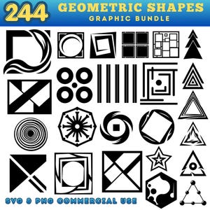 Op de afbeelding: Een verzameling van 244 zwarte geometrische vormen, waaronder vierkanten, cirkels, driehoeken en abstracte vormen. De grafische bundel bevat de tekst "GEOMETRIC SHAPES GRAPHIC BUNDLE" en "SVG & PNG COMMERCIAL USE".