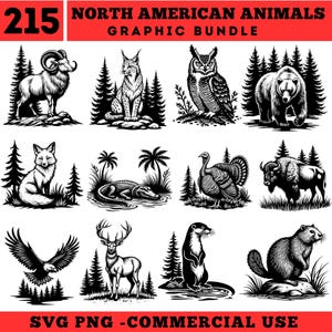 Könnte beinhalten: Ein Grafikpaket mit 215 nordamerikanischen Tieren in Schwarzweiß. Enthält Illustrationen von Widder, Luchs, Eule, Bär, Fuchs, Alligator, Truthahn, Bison, Adler, Hirsch, Otter und Biber. Der Text "SVG PNG - COMMERCIAL USE" ist ebenfalls enthalten.