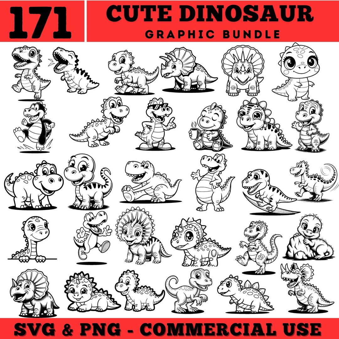 171 Cute Dinosaur SVG Bundle Kawaii Dino Clipart Cartoon Baby Dinosaurs ...