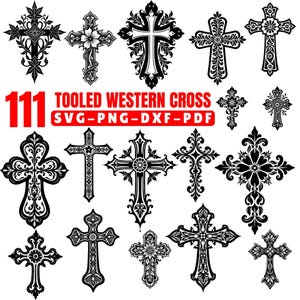 May include: A collection of 111 intricately designed black and white crosses. The crosses feature various ornate patterns and floral elements. Text in red reads "111 Tooled Western Cross" with file type options.