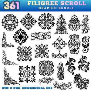 May include: A digital graphic bundle titled 361 FILIGREE SCROLL containing a collection of black filigree, scroll, and damask patterns on a white background. The set includes various symmetrical corner designs, square motifs, and ornate floral flourishes.