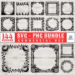 Puede incluir: Una colección digital de 144 marcos y bordes gráficos en blanco y negro con varios temas estacionales, incluyendo árboles, calabazas, troncos, hojas y manoplas. Se muestra el texto 144 DESIGNS SVG - PNG BUNDLE COMMERCIAL USE.