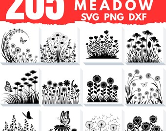 205 wildflower meadow silhouette svg bundle floral field designs instant digital downloads