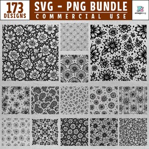 May include: A digital bundle of 173 SVG and PNG designs featuring various black and white floral, paisley, and geometric patterns. The collection includes multiple square tiles displaying intricate botanical illustrations, line art, and repeating motifs.
